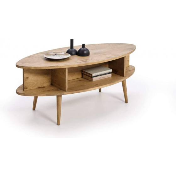 Mesa centro diseño vintage ovalada con estantes de madera natural, varios colores