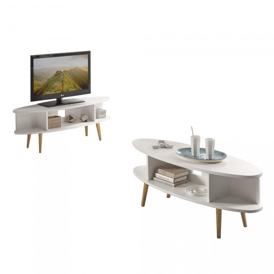 Conjunto salón - Mueble tv + mesa centro salón ovalada diseño vintage con estantes