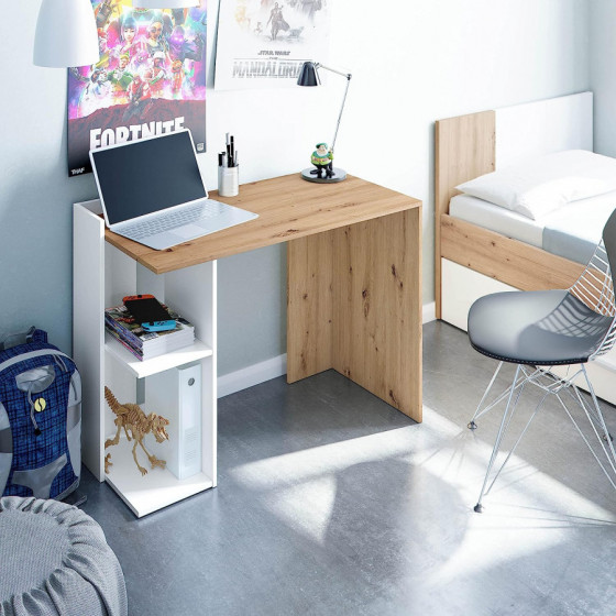 KENIA Mesa escritorio con estantes, Color Roble Nodi y Blanco Artik