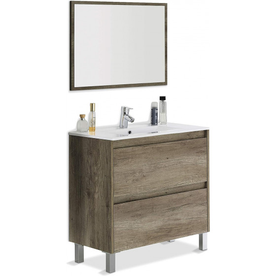DAKOTA Mueble de baño de 80 cm de ancho con 2 cajones y espejo. Lavabo no incluido.