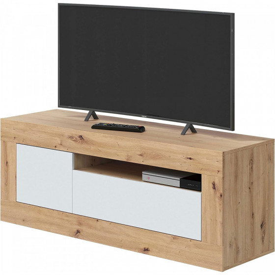 VELHO Mueble TV con 2 puertas con molduras, color roble nodi y blanco artik