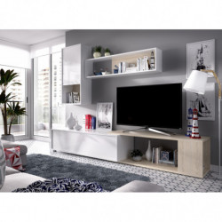 Mueble de salón, mueble tv acabado blanco brillo y natural, con posición de rinconera.