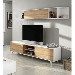 Mueble de salón comedor, módulo TV + estante, color Blanco Brillo y Roble.