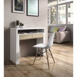 Mesa consola escritorio extensible blanco brillo y roble canadian para estudio, oficina o habitación