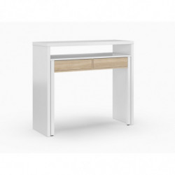 Mesa consola escritorio extensible blanco brillo y roble canadian para estudio, oficina o habitación